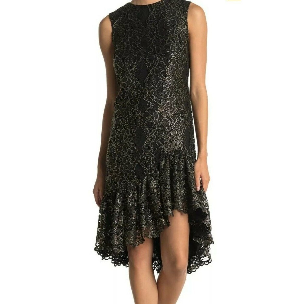 ​NWT T Tahari Metallic Lace Asymmetrical Ruffle Cocktail Dress Black Gold 8 $258